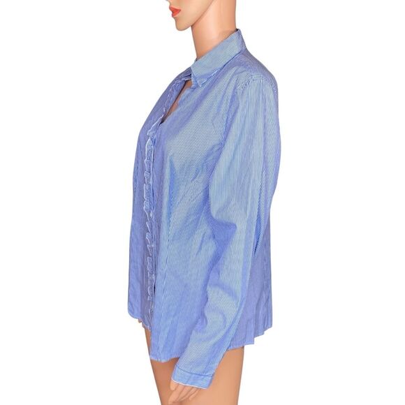 L.L. Bean Pin Stripe Button Down Blouse Subtle Ruffle Detail Womens Size Large - Picture 2 of 5